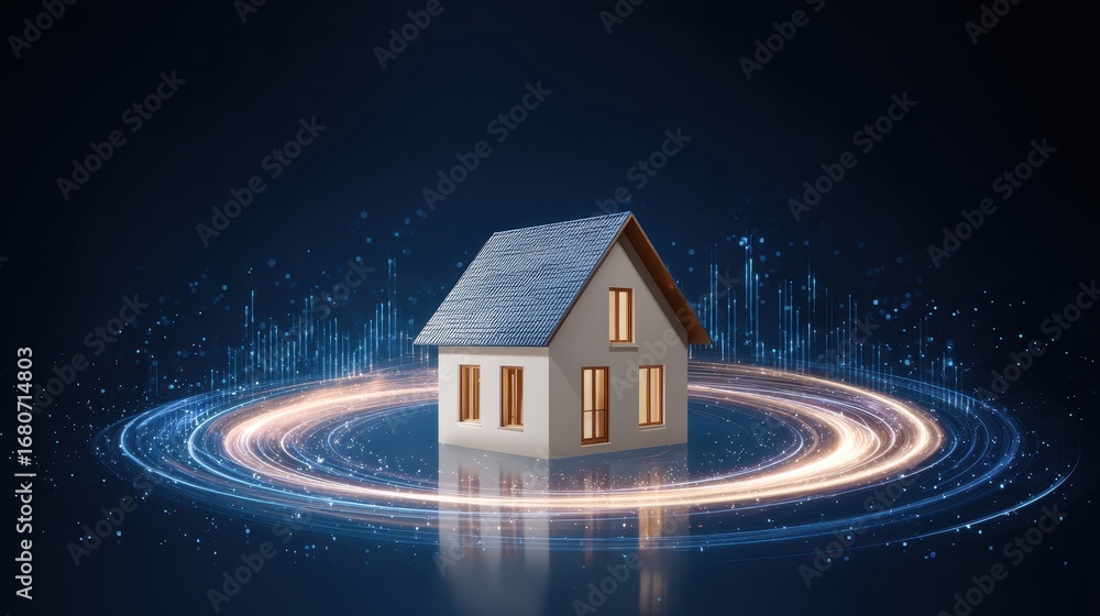 Poster house digital storm graph circling around modern technology data futuristic. modern house surrounded