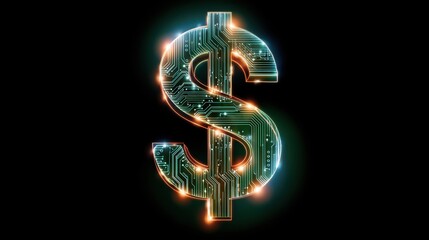 Glowing circuitry dollar sign digital currency concept futuristic finance illuminated technology electronic money innovation modern economy black background