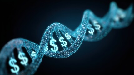 DNA strand dollar sign investment finance technology glowing blue futuristic digital science concept wealth prosperity innovation abstract