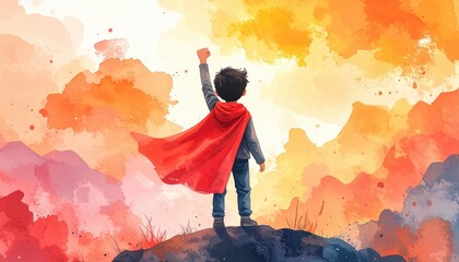 Child wearing red cape standing on hilltop with raised fist against vivid watercolor sky representing courage, imagination, empowerment and hope in colorful fantasy scene