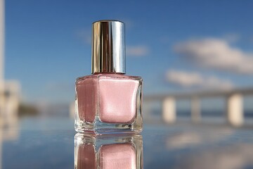 Pink nail polish bottle on reflective surface, outdoors