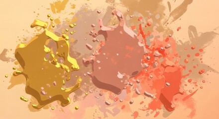 Obraz premium Abstract splatters of yellow pink and red liquids on a pale orange background