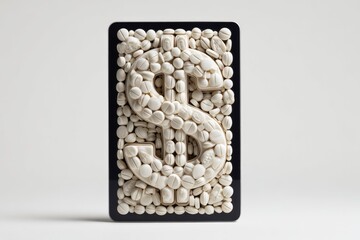 A dollar sign formed from many small, off-white, pill-like objects, set within a dark frame, against a light gray background