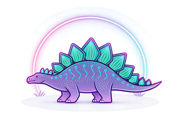 Whimsical stegosaurus dinosaur with colorful neon aura and playful design