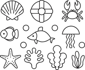 Marine life icons featuring sea creatures like fish, crab, jellyfish, starfish, shell, and coral in a simple outline style