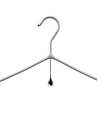Close-up of a white plastic clothes hanger with a single water droplet hanging from the center hook
