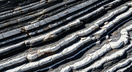 Black and white layered rock formations with rough texture