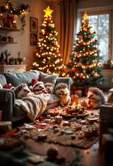 Hedgehogs resting and eating in a messy after-party Christmas room.