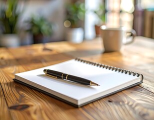 Close-up of a pen on a spiral notebook placed on a wooden desk with sunlight in the background.