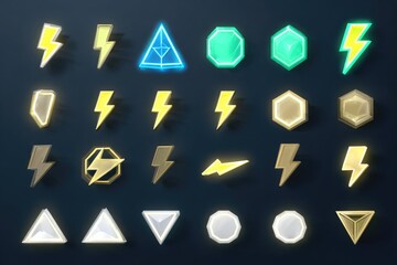 A collection of glowing, geometric shapes and lightning bolt icons