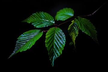 Dark background, vibrant green leaves branch