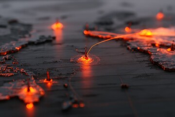 Glowing network connections across a dark, metallic world map