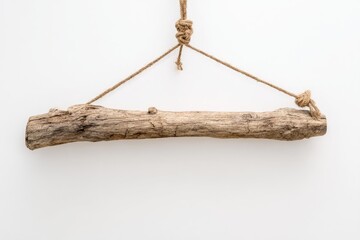Rustic wooden branch hangs from twine against white