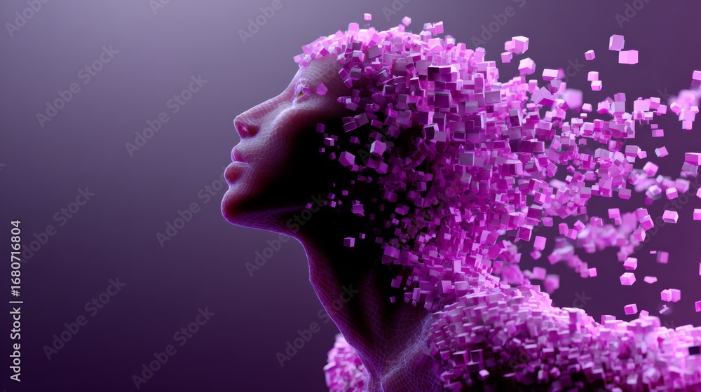 Poster abstract digital illustration of a human figure composed of floating pink cubes, symbolizing transfo