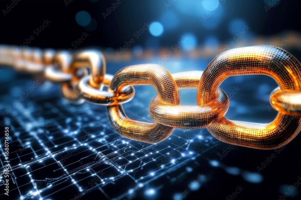 Poster futuristic golden chain depicting a blockchain network for cryptocurrencies and secure data storage