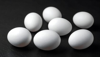 A collection of bright white eggs arranged on a dark surface, showcasing their smooth textures and rounded forms.