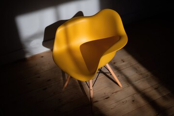 Yellow plastic chair on wooden floor, sunlight
