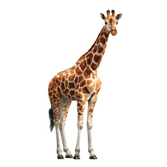 Naklejka premium A majestic giraffe stands tall on a pure transparent background, showcasing its iconic patterned coat and long neck, isolated on transparent background