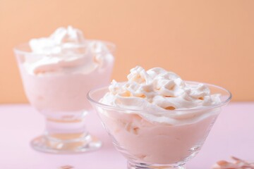 Two creamy desserts in glass bowls, topped with whipped cream, on a pink surface