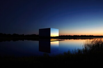 Reflective cube in still water at sunset