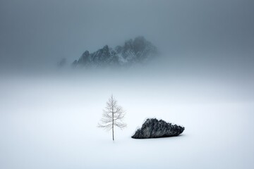 Solitary tree and rock in a misty, snow-covered landscape, mountains in the background