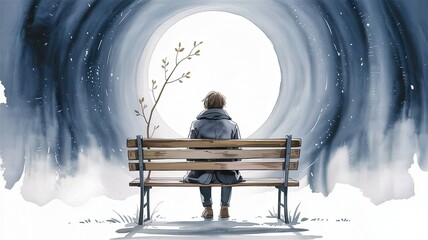 Solitude and Reflection: A solitary figure sits on a park bench, gazing at the full moon in a watercolor painting, a scene of contemplation and inner peace.