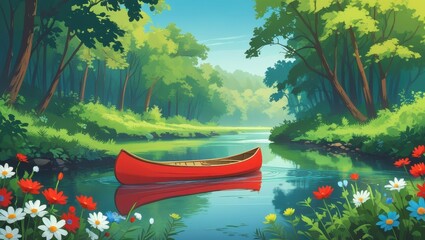 A tranquil river scene with a red canoe nestled amongst lush green forests and vibrant wildflowers.