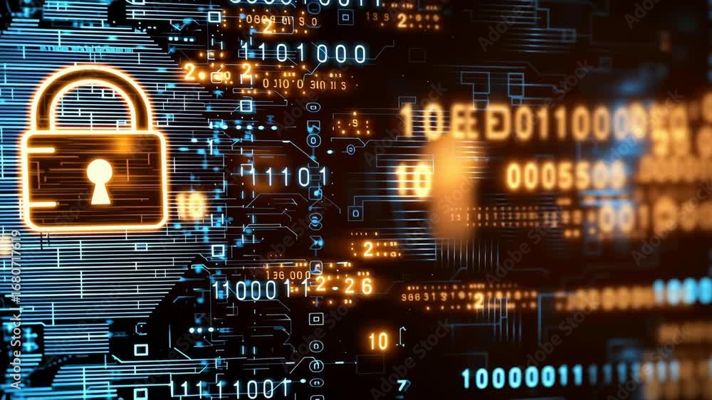 Poster cyber attack prevention intrusion detection encryption digital security protecting data with glowing