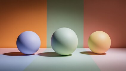 Three pastel spheres against a backdrop of three vertical color panels