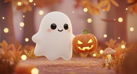 Fototapeta premium Cute 3D white ghost holding Jack O Lantern on autumn background
