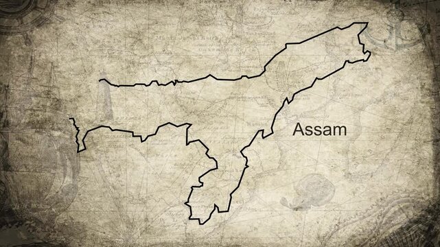 Assam map drawn on a cartography background sheet of paper