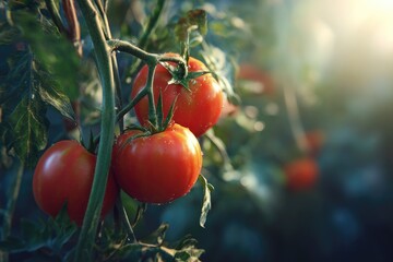 Ripe red tomatoes on the vine, glistening with morning dew
