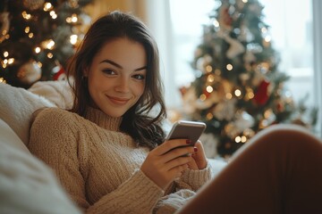 Young beautiful woman sitting near a decorated Christmas tree in the living room on a sofa, smiling and using her phone, typing a message on her smartphone, celebrating New Year's, Generative AI