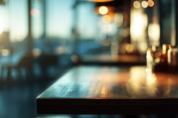 Warmly lit wooden table in a blurred cafe setting