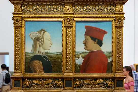 Florence, Italy - August 21, 2019: The Duke and Duchess of Urbino at the Uffizi Gallery in Florence, Piero della Francesca, 1465-1472 circa