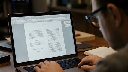 Person working on a laptop, reviewing a document in a well-lit office setting