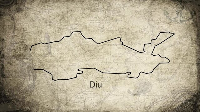 Diu map drawn on a cartography background sheet of paper