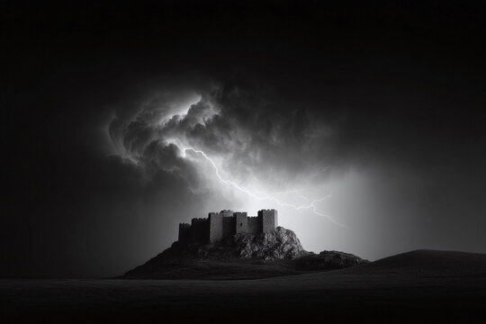 Dramatic black and white image of a castle silhouetted against a stormy sky with lightning. Evokes power, resilience, and the battle against adversity.