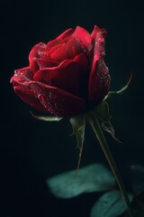 Elegant Red Rose with Water Droplets on Dark Background

