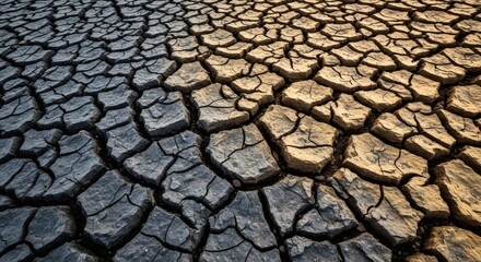 Cracked dry earth split into dark and light sections