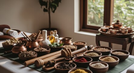 Ayurvedic treatment table.  A selection of herbs, spices, and oils for traditional medicine