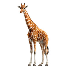 Obraz premium A majestic giraffe with its distinctive patterned coat stands tall against a clean transparent background, showcasing its long neck and unique features in this isolated studio shot