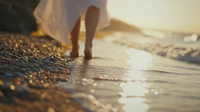 Low-angle video shot of bare feet walking along a pebbled beach at sunset, capturing serene movement and golden reflections on the water. Live desktop wallpaper.