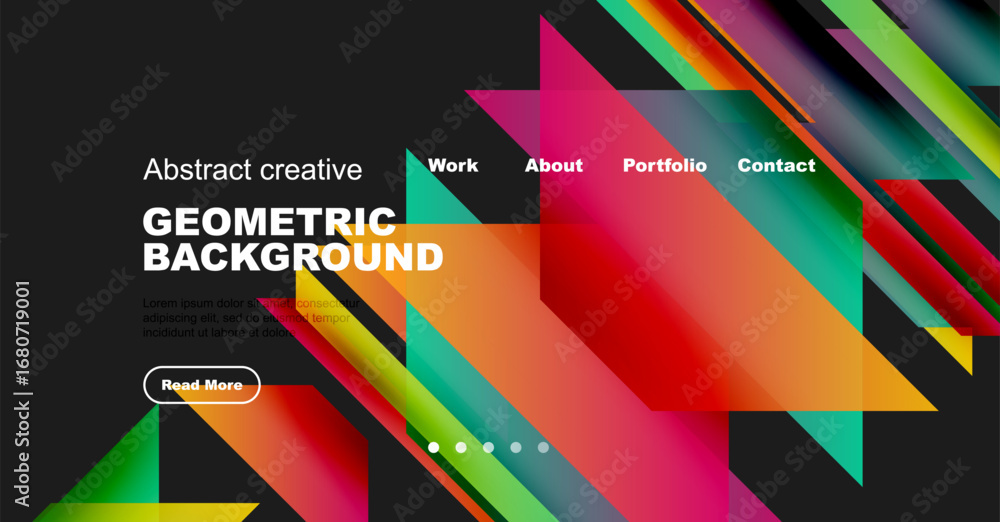 Aufkleber modern website mockup features vibrant geometric shapes, text overlay, navigation menu. bold colors 