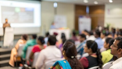 Fototapeta premium Wide view of Indian audience attending seminar — active participation in learning session