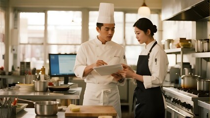Chef and assistant reviewing a digital tablet in a professional kitchen setting