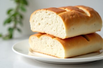 Freshly baked bread loaf sliced on a plate, homemade bread recipe, artisan bread, sourdough, crusty bread