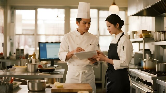 Chef and assistant reviewing a digital tablet in a professional kitchen setting
