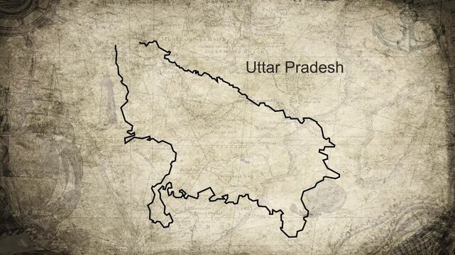 Uttar Pradesh map drawn on a cartography background sheet of paper