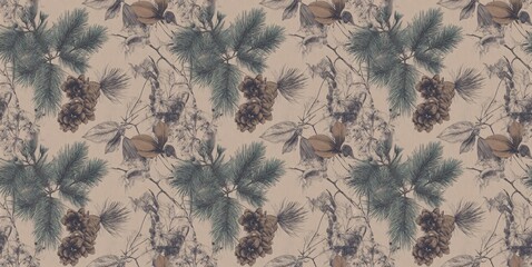 Cozy seamless pattern featuring hand-drawn pine and fir trees, pine cones, and earthy greens that evoke a natural ambiance